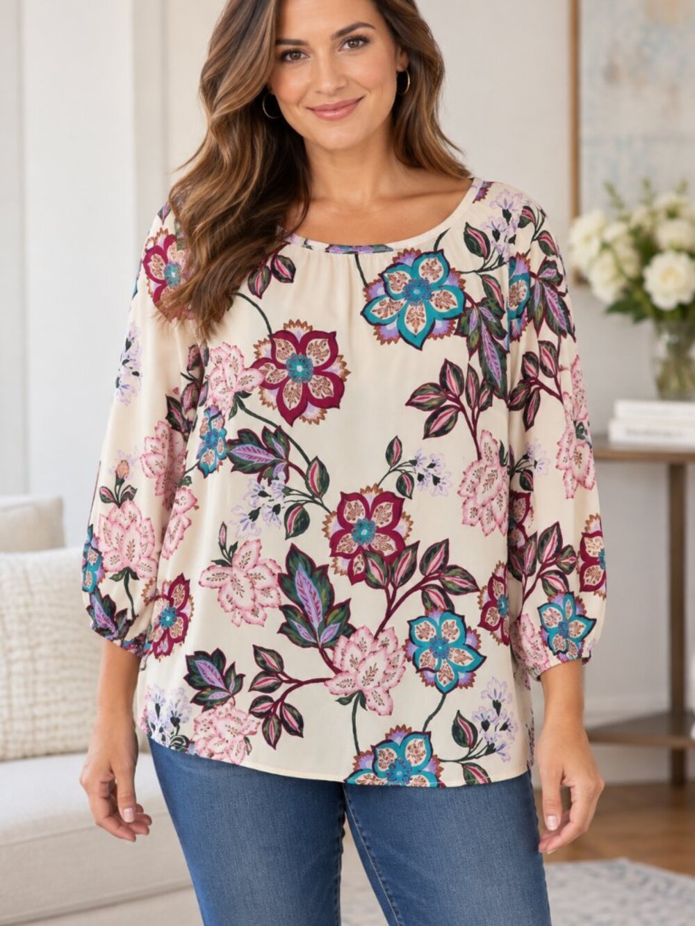 Talbots Women's Large Floral Blouse Ivory Multicolor 3/4 Sleeve Scoop Neck Top